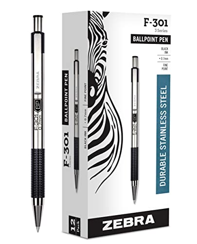 Zebra Pen F-301 Retractable Ballpoint Pen, Stainless Steel Barrel, Fine Point, 0.7mm, Black Ink, (Pack of 12)
