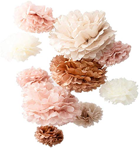 Vidal Crafts 20 PCS Dusty Pink, Rose Gold, Ivory, Pastel Grey, Tissue Paper Pom Poms Kit, 14', 10', 8', 6', Tissue Paper Flowers for Wedding, Birthday, Bridal Shower, Bachelorette, Baby Shower Décor