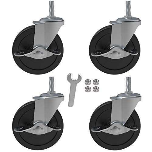 4x 4 Inch Brake Threaded Stem Casters 3/8'-16x1', Swivel Rubber Caster Wheels with Nuts Lock, Industrial Replacement for Carts Workbench Trolley