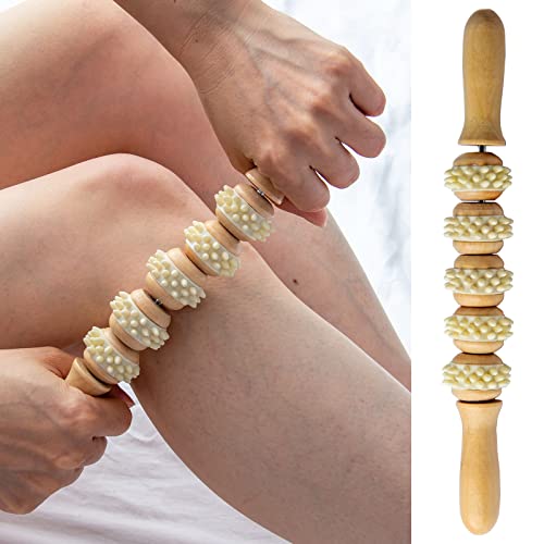 Handheld Massage Roller Stick for Sore Muscle, Wood Therapy Massage Tools for Body, Wooden Fascia Roller for Deep Tissue, Lymphatic Drainage Massager for Legs/Thighs/Butt