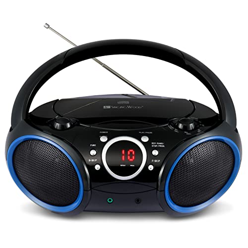 SINGING WOOD 030C Portable CD Player Boombox with AM FM Stereo Radio, Aux Line in, Headphone Jack, Supported AC or Battery Powered (Black with a Touch of Blue Rims)