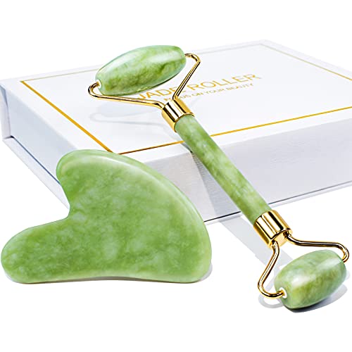 BAIMEI Jade Roller & Gua Sha Set Face Roller and Gua Sha Facial Tools for Skin Care Routine and Puffiness-Green