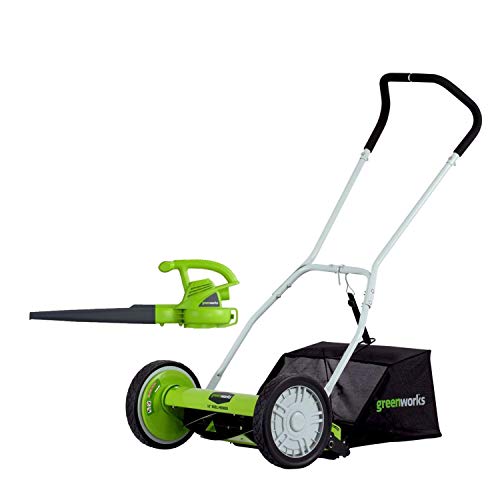 Greenworks 16-Inch Reel Lawn Mower with Grass Catcher + 7 AMP Blower 1303802AZ