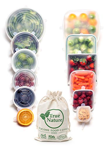 True Nature Silicone Stretch Food Covers 12-Pk - 100% Platinum-Cured Food Grade Silicon, BPA-Free - Flexible, Reusable, Durable & Expandable - Sustainable Bowl Lids/Microwave, Oven & Dishwasher Safe