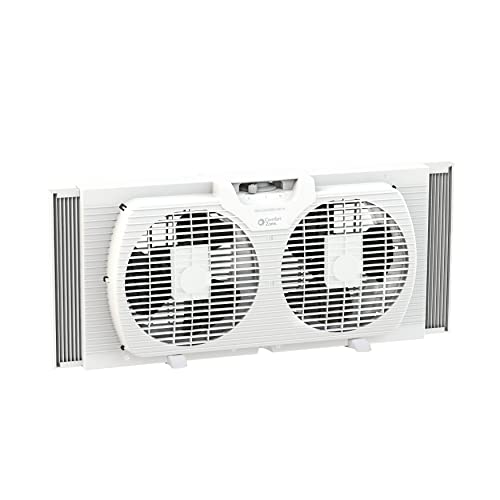 Comfort Zone CZ319WT 9' Twin Window Fan with Reversible Airflow Control, Auto-Locking Expanders and 2-Speed Fan Switch, White