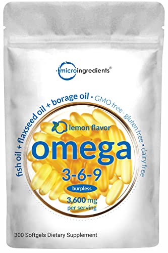 Ultra Omega 3-6-9 3600mg Perserv, 300 Burpless Softgels | Lemon Flavor – Blend of Fish, Flaxseed, Borage Oils | Bioavailable Source, Non-GMO, No Gluten, Mercury Free