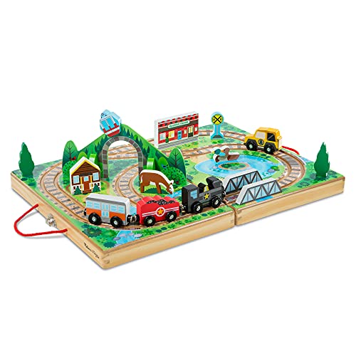 Melissa & Doug 17-Piece Wooden Take-Along Tabletop Railroad, 3 Trains, Truck, Play Pieces, Bridge - Wooden Train Sets For Kids Ages 3+