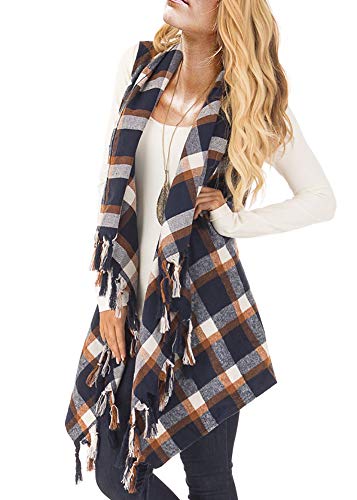 Inorin Womens Sleeveless Plaid Asymmetrical Hem Tassel Drape Open Front Cardigan Vest