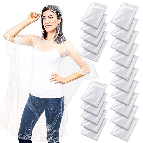 Juvale 20 Pack Bulk Disposable Rain Ponchos Family Pack, Emergency Ponchos with Hood, Individually Wrapped Raincoats, Clear Plastic for Rain and Water Protection, One Size Fits All