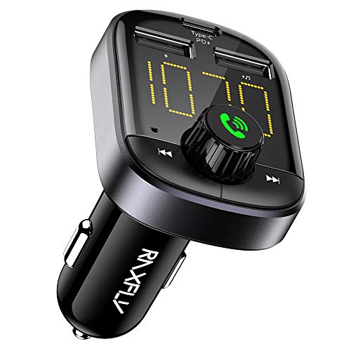 Bluetooth FM Transmitter - RAXFLY Bluetooth Car Adapter Transmitter FM Audio Receiver Dual USB PD Type C Car Charger Support TF Card and U-Disk Compatible for iPhone 11 Samsung S20 All Smartphones