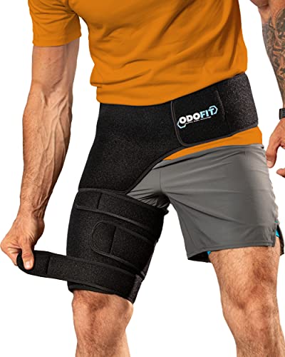 ODOFIT Hip Support Brace - Compression Wrap for Groin, Thigh, Hamstring, Pulled Muscle Injury - Flexor Arthritis Bursitis Sciatica Pain Relief - For Men and Women - Right Leg