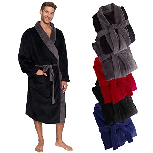 Ross Michaels Mens Robe Shawl Collar Wrap Style - Mid Length Plush Fleece Bathrobe (Black & Gray, 2X-Large)