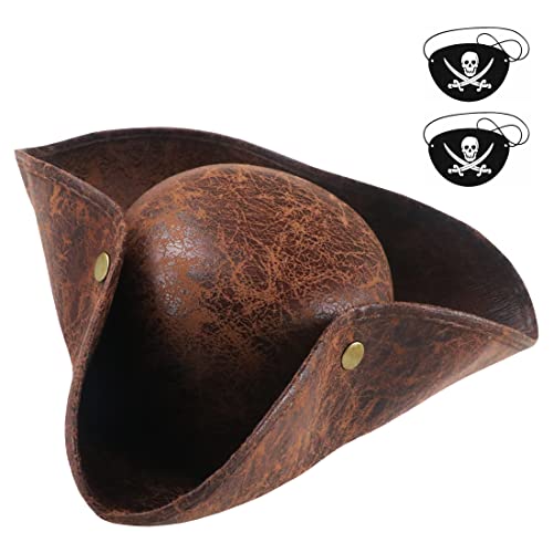 D-Fokes Faux Leather Pirate Hat -Brown Distressed Colonial Style Tricorne Hat, Halloween Role Play Props Pirate Accessories Fun Party Cap With Eye Patch