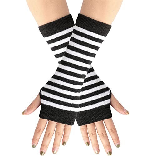 Women Gothic Fingerless Glove 90s Fairy Grunge Aesthetic Solid Color Striped Thumbhole Stretchy Warm Knit Short Mitten (Black White, One Size)