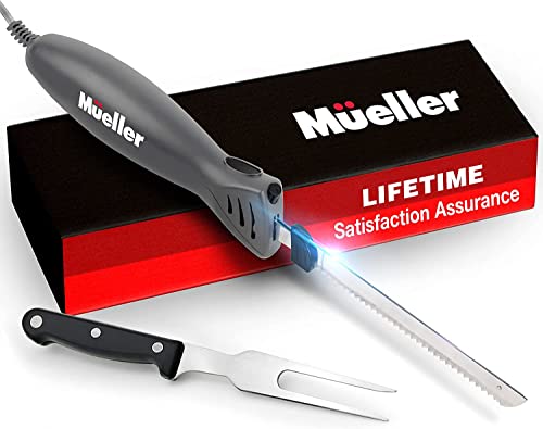 Mueller Ultra-Carver Electric Knife for Carving Meats, Poultry, Bread, Crafting Foam. Stainless Steel Blades, Powerful Motor, Ergonomic Handle, One-Touch On/Off Button, Serving Fork Included, Grey