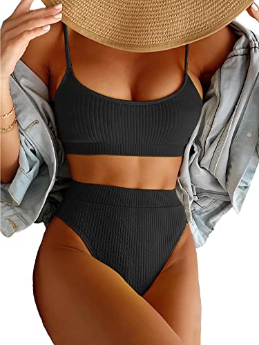 Lilosy High Waisted Tummy Control Bikini Ribbed Sporty Brazilian Swimsuit Set Women Highwaisted Cheeky Cut Leg Bottom Crop Push Up Top 2 Piece Bathing Suit Black Large