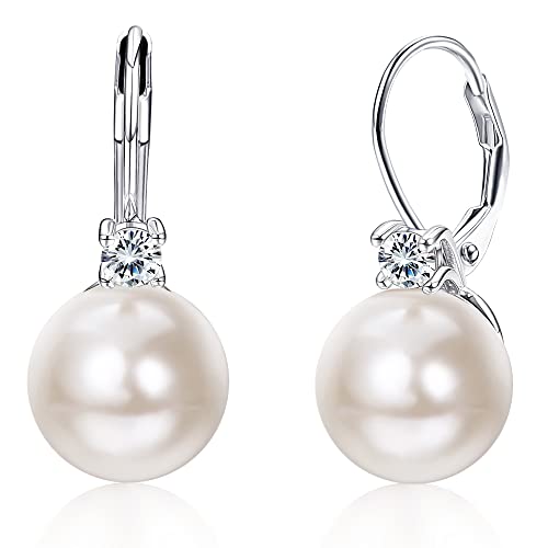 Milacolato Sterling Silver Pearl Earrings for Women 18k White Gold Plated Pearl Drop Earrings with Cubic Zirconia Pearl Earrings Leverback Dangle Stud Large Pearl Earrings