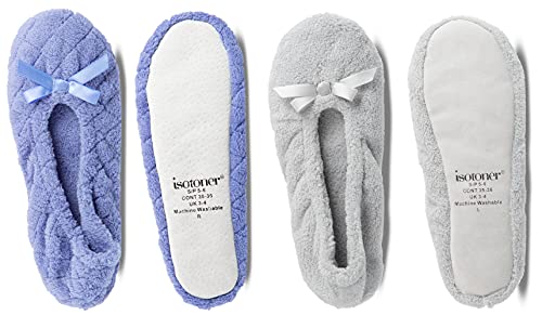 isotoner womens 2 Pack Ballerina Slipper Quilted and Solid Ballet Flat, Periwinkle Quilted, Ash Solid, 9-Aug US