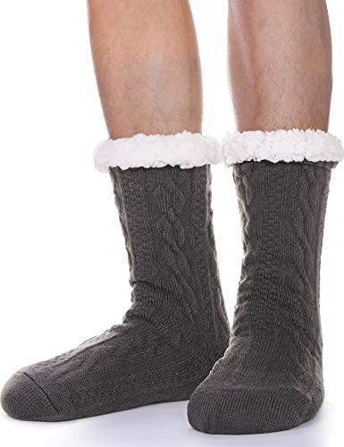 ProEtrade Slipper Fuzzy Socks for Mens Winter Fluffy Cozy Cabin Warm Fleece Soft Thick Comfy Anti Slip Gift Home Christmas Stocking Stuffer with Grips(Dark Grey)