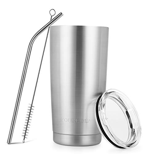 YOUKE OLA Stainless Steel Tumbler 20oz - Vacuum Insulated Tumbler Coffee Cup Double Wall Large Travel Mug with Lid, Straw, Brush (Silver, 20oz-1 Pack)