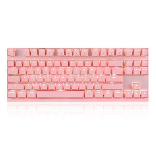 MOTOSPEED 2.4GHz Wireless/Wired Mechanical Gaming Keyboard White Backlit/Durable Battery,Type-C Gaming/Typist Keyboard for Mac/PC/Laptop(Pink, 87 Key Blue Switches)