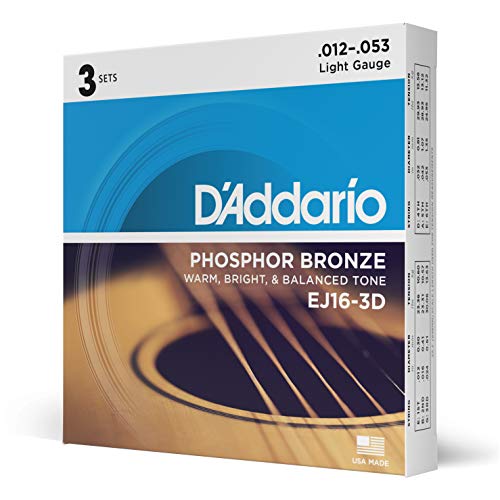 D'Addario Guitar Strings - Phosphor Bronze Acoustic Guitar Strings - EJ16-3D - Rich, Full Tonal Spectrum - For 6 String Guitars - 12-53 Light, 3-Pack