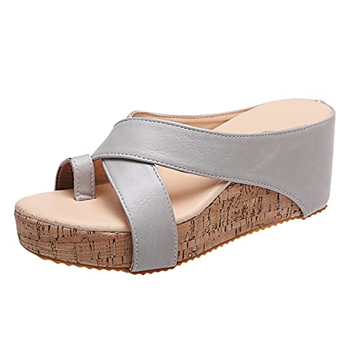 Fullwei Wedges Sandals for Women,Women Chunky Platform Wedges Sandals Ladies Bunion Corrector Toe Ring Clog Sandals Casual Walking Beach Sandals Shoe (Gray, 8.5)