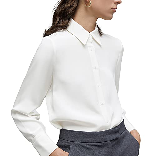 Women's Button Down Shirt Classic Long Sleeve Collared Tops Work Office Chiffon Blouse White