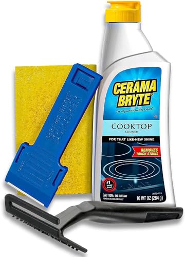 Cerama Bryte Combo Kit POW-R Grip, Scraper, Pad & Removes Tough Stains Cooktop and Stove Top Cleaner for Glass - Ceramic Surfaces, 10 Ounces, 4 Piece