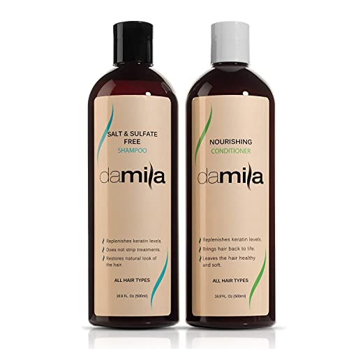 Damila Salt & Sulfate Free Shampoo & Conditioner for Keratin and Color Treated Hair - Professional Keratin Value Pack for Damaged, Frizzy, Curly, Dry & Thin Hair - Shampoo Sin Sal - 16.9 Fl Oz
