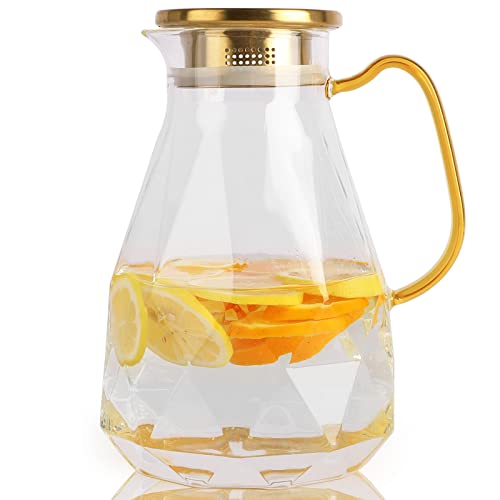 Yirilan Glass Pitcher,74oz/2.2 Liter Water Pitcher with Lid,Beverage Serveware,Iced Tea Pitcher,Water Carafe with Handle,Heat Resistant Borosilicate Water Glass Jug（with Mixing Spoon and Cup Brush）