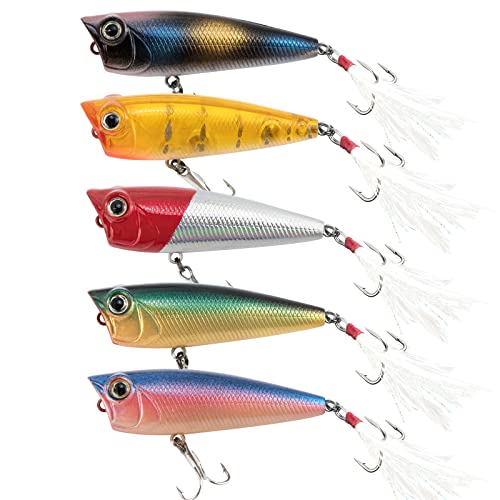 Alwonder 5 Pack Fishing Popper Lure, Fishing Topwater Lures Bass Lures Feathered Treble Hooks Rooster Tail Lures Fishing Plugs Hard Baits