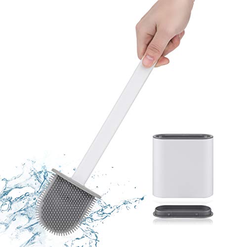 Toilet Brush and Holder Silicone Bristles Toilet Bowl Cleaner Brush Deep Cleaning with Non-Slip Long Handle Floor Standing Holder&Wall Mounted Without Drilling Quick Drying - White