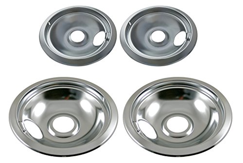 KITCHEN BASICS 101 316048413 and 316048414 Range Burner Chrome Drip Pans Replacement for Frigidaire Kenmore Electric Stove with Locking Slots - Includes 2 Small 6-Inch and 2 Large 8-Inch Pans, 4 Pack