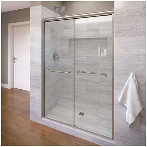 Basco Infinity Semi-Frameless Sliding Shower Door, Fits 44- 47 inch opening, Clear Glass, Brushed Nickel Finish