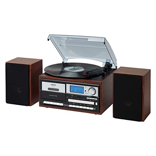 Jensen JTA-575W All-in-One Modern Home Record Player Stereo 3-Speed Turntable Music System Multimedia Center + CD/MP3, USB/SD Encoding AM/FM Cassette Player/Recorder + Remote Wooden Speakers (Walnut)