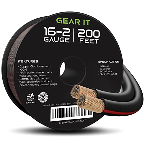 16AWG Speaker Wire, GearIT Pro Series 16 Gauge Speaker Wire Cable (200 Feet / 60.96 Meters) Great Use for Home Theater Speakers and Car Speakers, Black