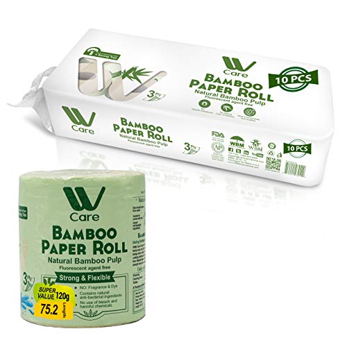 WBM Care Natural Bamboo Toilet Paper Hypoallergenic for Sensitive Skin Plastic, Tree & Lint Free Eco-Friendly-3 Ply Bath Tissue 200 Sheets/Each-10 Rolls,