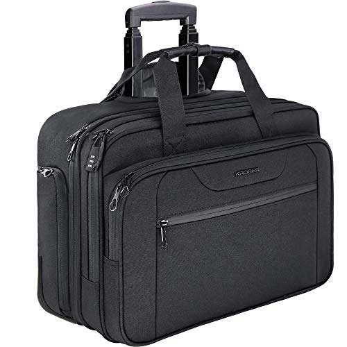 KROSER Rolling Laptop Bag Premium Wheeled Briefcase Fits Up to 17.3 Inch Laptop Water-Proof Overnight Roller Case Computer Bag with RFID Pockets for Travel/Business/School/Men/Women-Black