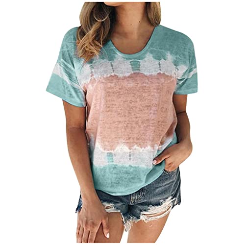 Aniywn Plus Size T-Shirt,Women Summer Casual O-Neck Short Sleeve Printing Patchwork Tunic Tops Basic Shirts Sky Blue