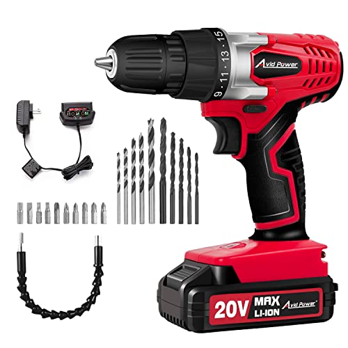 AVID POWER 20V MAX Lithium lon Cordless Drill Set, Power Drill Kit with Battery and Charger, 3/8-Inch Keyless Chuck, Variable Speed, 16 Position and 22pcs Drill Bits (Red)