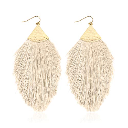 Bohemian Silky Thread Fan Fringe Tassel Statement Earrings - Lightweight Strand Feather Shape Dangles (Feather Fringe - White)