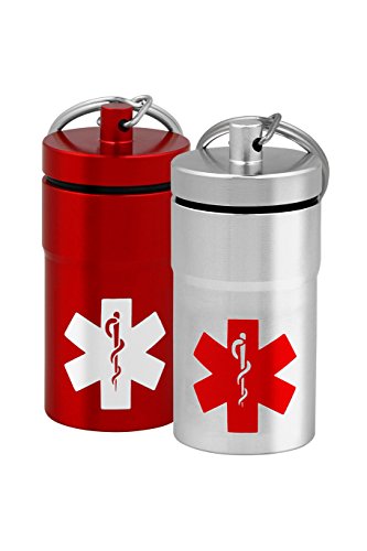2 Premio1 Mid-Size Stash Jars 100% Airtight Water/Smell Proof Pill Holder Container with 2 Sided Medical Emblems, Secures 100ct Nitro Bottle, Aspirin Medications Herbs, EDC Keychain Fob +1 Carabiner