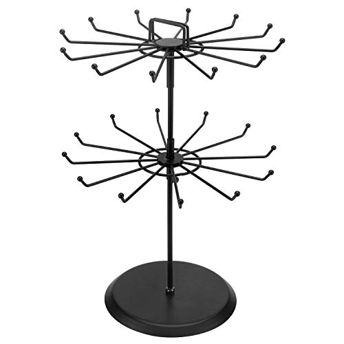 MyGift Rotating 2 Tier Jewelry Tree Organizer, Black Metal Necklace Tower, Spinning Jewelry Display Stand with 24 Hooks and Top Handle Card Holder