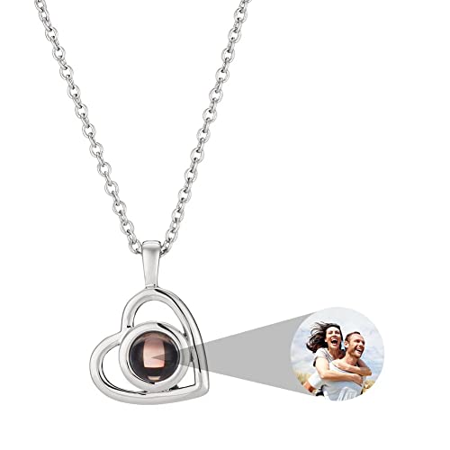 ZLHZW Picture Necklace Personalized for Women - Custom Photo Love Heart Projection Pendant - Customized Portrait Jewelry - Birthday Anniversary Memorial Gifts Girlfriend Wife Mother Daughter - Silver