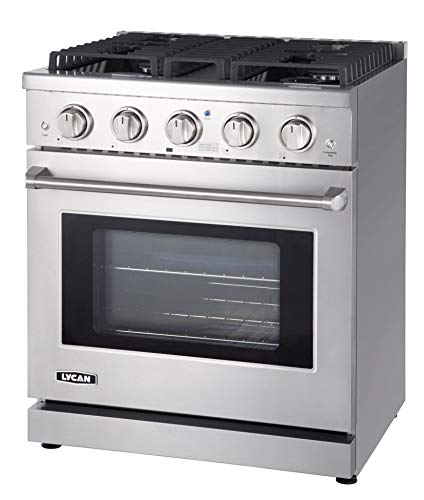 LYCAN Professional Gas Range Cook Top - Heavy Duty Stainless Steel Stove with 4 Burners - 4.55 cu.ft. Kitchen Gas Oven with Adjustable Rack - Premium Freestanding Oven Range - Easy to Clean Gas Stoves