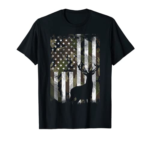 Camo US Flag Deer Elk Buck Camoflage Hunting Hunter Dad Gift T-Shirt