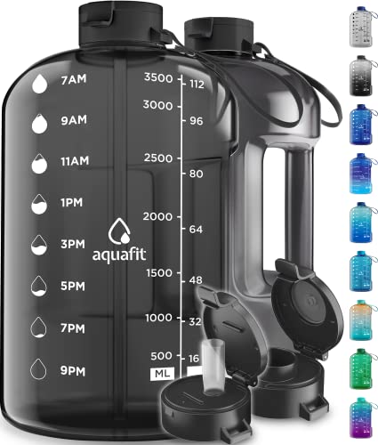 AQUAFIT 1 Gallon Water Bottle With Times To Drink - 128 oz Water Bottle With Straw - Motivational Water Bottle - Large Water Bottle - Sports Water Bottle With Time Marker - Gym Water Jug 1 Gallon