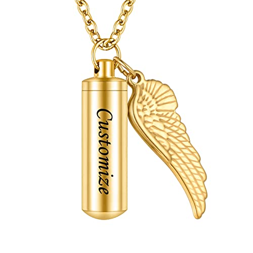 Dletay Personalize Cylinder Cremation Urn Necklace for Ashes Memorial Keepsake Pendant with Angel Wing Stainless Steel Cremation Jewelry(Gold)