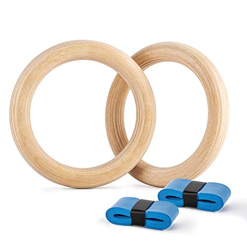 PACEARTH Wood Gymnastics Rings 992lbs for Home Gym Body Workout Non-Slip (Rings Only)